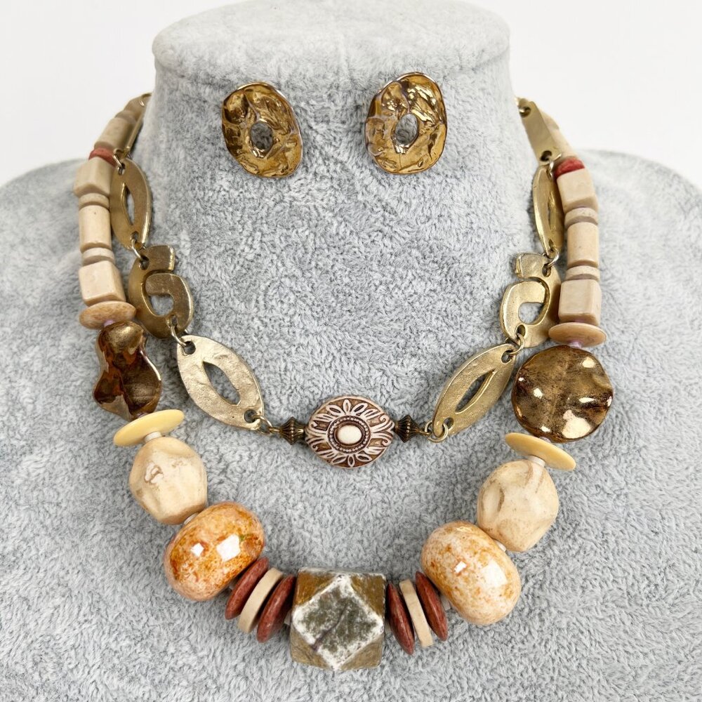 Vintage Japanese Stoneware Beaded Chunky Necklace Set Earrings Gold Stone Japan - Picture 6 of 6